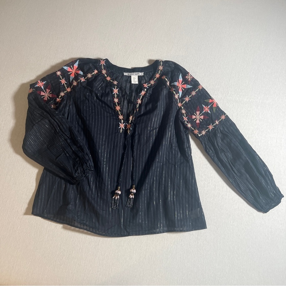 Anthropologie Belle Vere 100% Cotton Sheer Floral Embroidered Peasant Top, Small